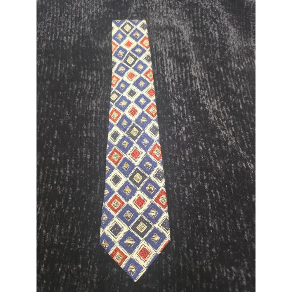 VTG Countess Mara Silk Tie Blue  Geometric Mosaic Diamond Gold Coin Crest USA